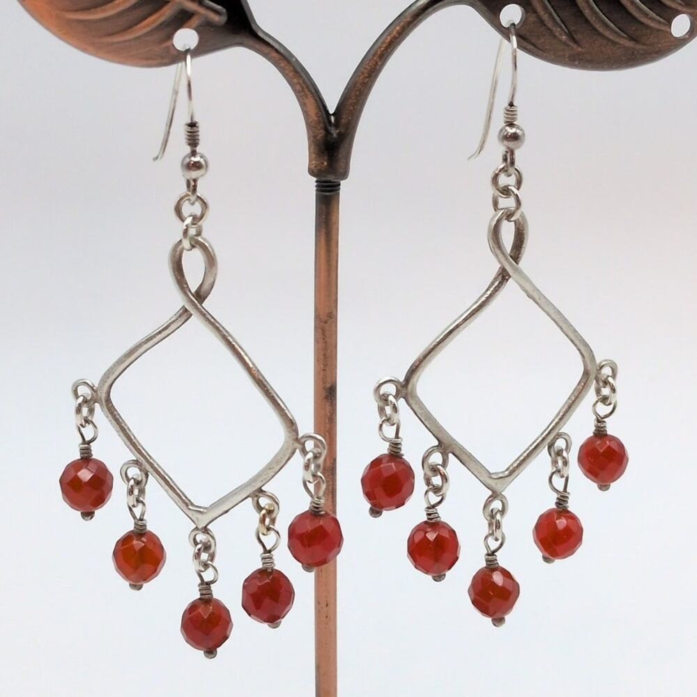 Sterling Silver 925 Dangle Geometric Orange Gemstone Bead Earrings 7.93g 2.7in